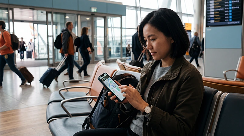Traveler using mobile internet at Heathrow Airport on a smartphone after arriving in London.