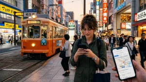 Tourists using mobile internet and navigation apps while exploring Hiroshima, Japan.