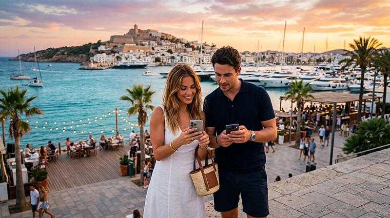 Tourists using mobile internet and eSIM in Ibiza