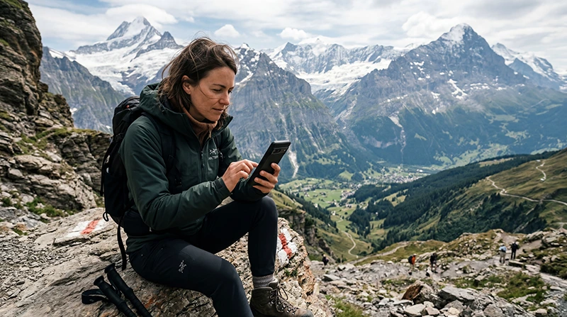 Traveler using mobile internet and eSIM connectivity in the Swiss Alps.