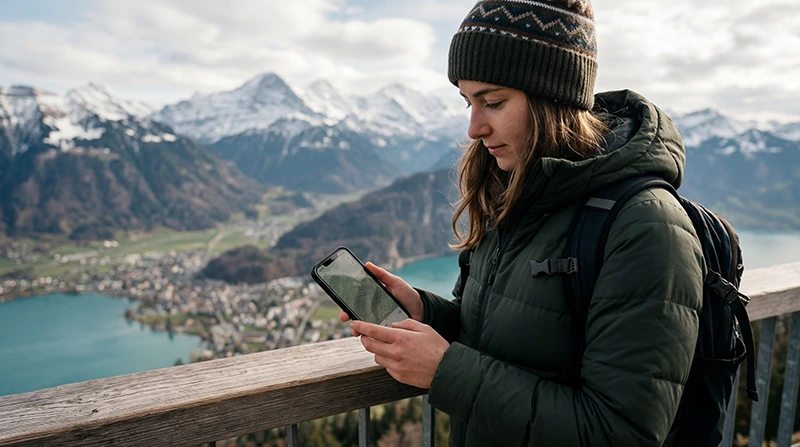 Tourist using mobile internet and eSIM connectivity while exploring Interlaken in Switzerland.