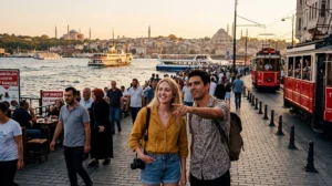 Tourists using mobile internet while exploring Istanbul in Turkey.
