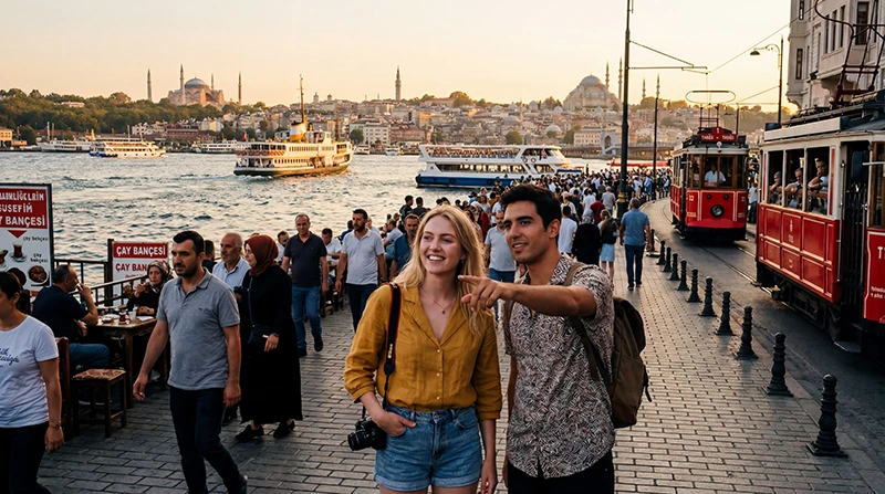 Tourists using mobile internet while exploring Istanbul in Turkey.