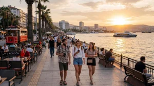 Tourists using mobile internet while exploring Izmir in Turkey.