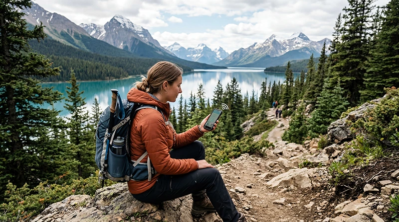 Traveler using mobile internet in Jasper National Park with smartphone and Canadian Rockies scenery