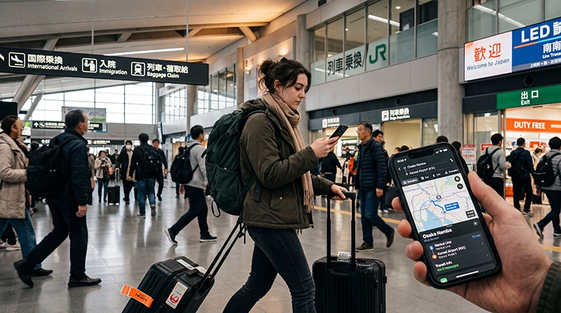 Traveler using internet and navigation apps after arriving at Kansai Airport in Osaka, Japan.