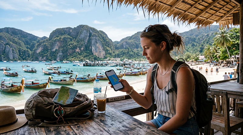 Tourist using mobile internet in Koh Phi Phi with a Thailand eSIM for maps, ferry schedules, beach travel, and island hopping apps.
