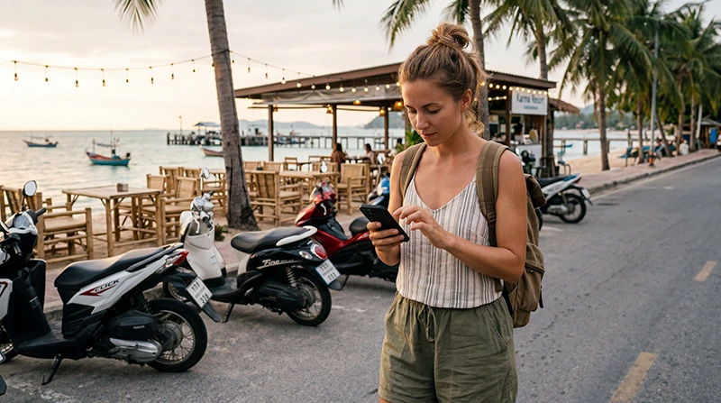 Tourist using mobile internet in Koh Samui with a Thailand eSIM for maps, hotel bookings, beaches, and island travel apps.