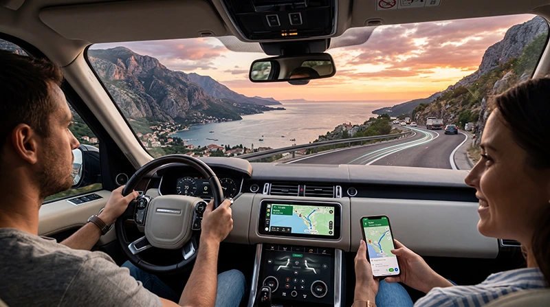 Travelers using mobile internet and eSIM connectivity during a road trip from Kotor to Albania.