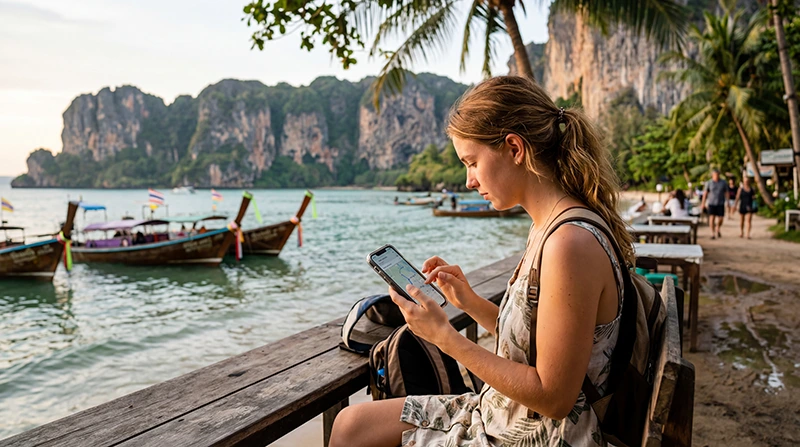 Tourist using mobile internet in Krabi with a Thailand eSIM for maps, island hopping, hotel bookings, and travel apps.