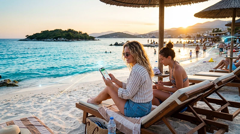 Tourists using mobile internet and eSIM connectivity while traveling in Ksamil, Albania.