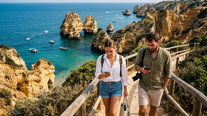Tourists using Portugal eSIM and mobile internet while exploring Lagos Algarve