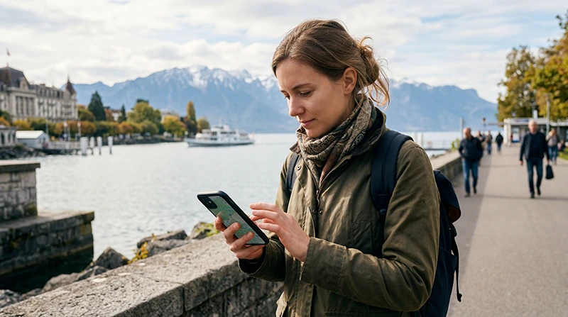 Tourist using mobile internet and eSIM connectivity while exploring Lausanne in Switzerland.