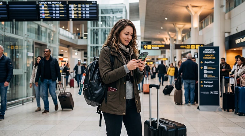 Traveler using mobile internet and eSIM at Lisbon Airport