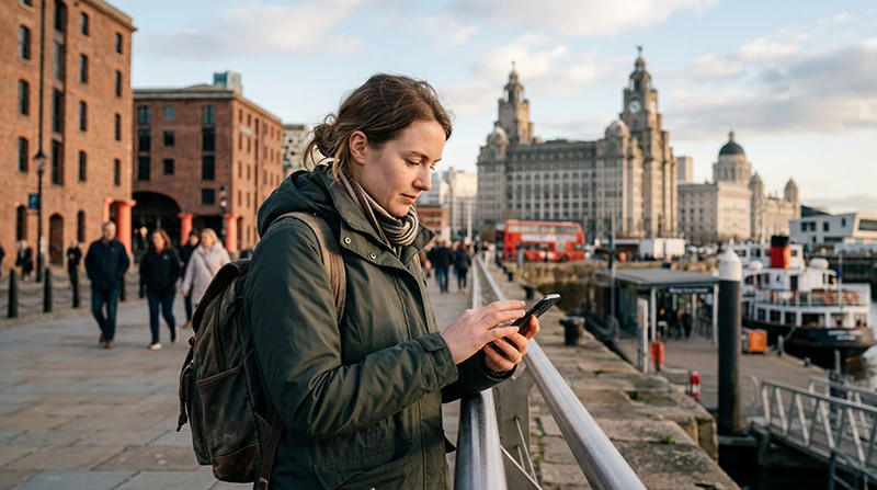 Tourist using mobile internet in Liverpool on a smartphone near famous city landmarks.