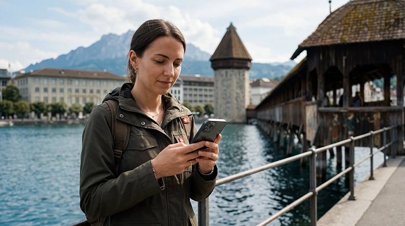 Tourist using mobile internet and eSIM connectivity while exploring Lucerne in Switzerland.