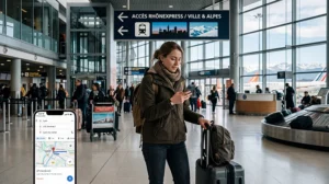 Traveler using France eSIM and mobile internet after arriving at Lyon Saint Exupéry Airport