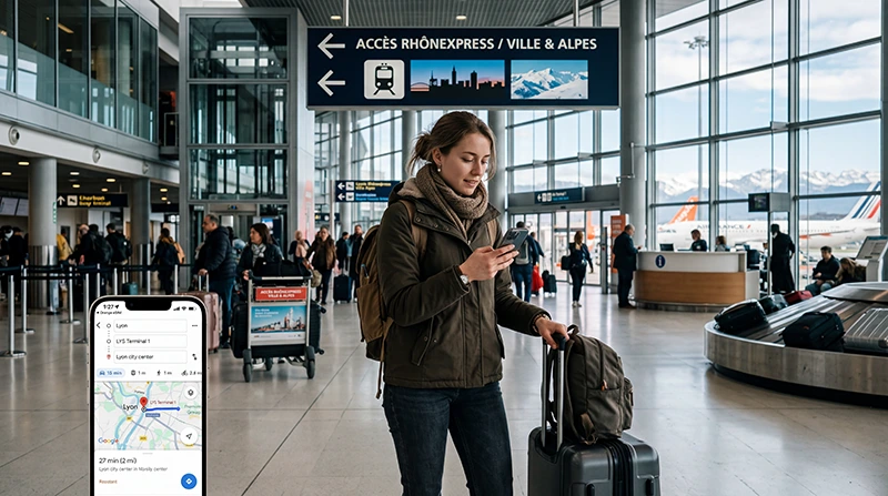 Traveler using France eSIM and mobile internet after arriving at Lyon Saint Exupéry Airport