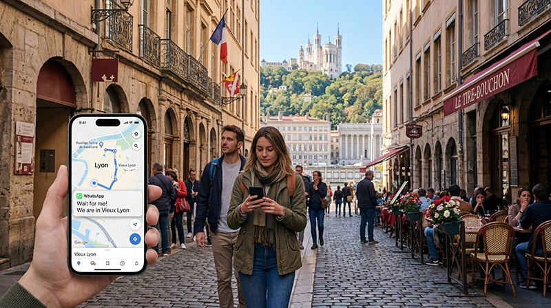 Tourists using mobile internet and France eSIM while exploring Lyon