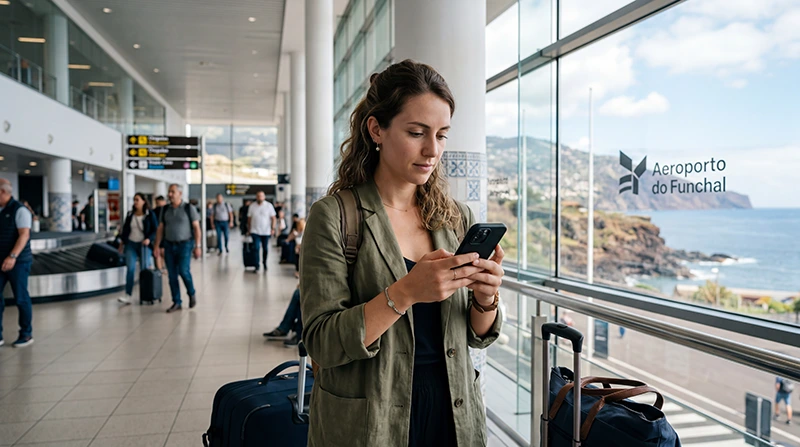 Traveler using mobile internet and eSIM at Madeira Airport