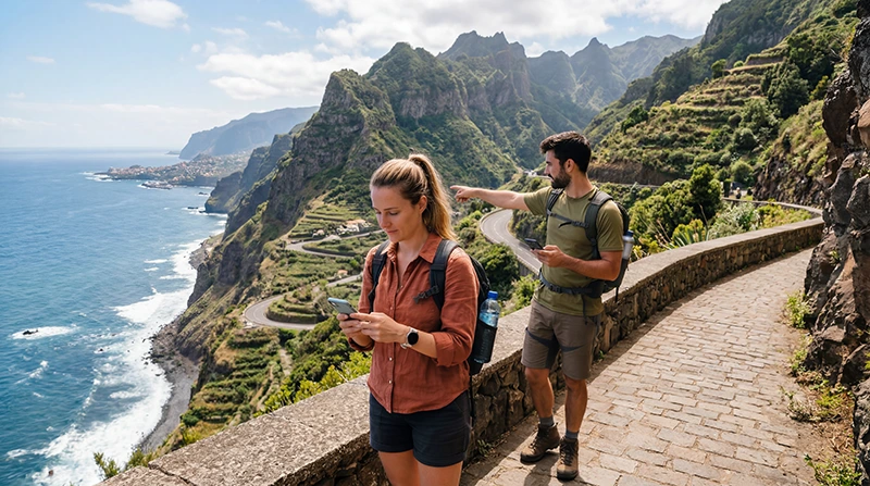 Tourists using mobile internet and Portugal eSIM while exploring Madeira island