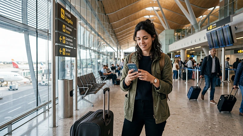 Traveler using mobile internet after arriving at Madrid Airport