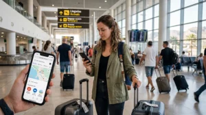 Traveler using mobile internet after arriving at Malaga Airport