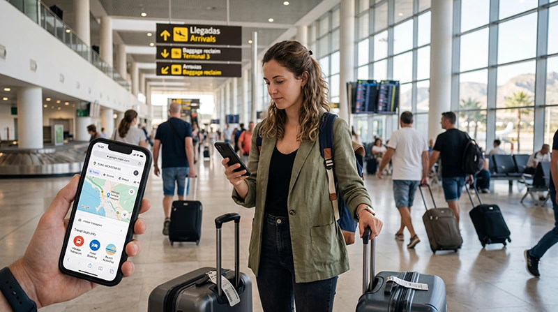 Traveler using mobile internet after arriving at Malaga Airport