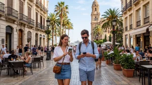 Tourists using mobile internet and eSIM in Malaga