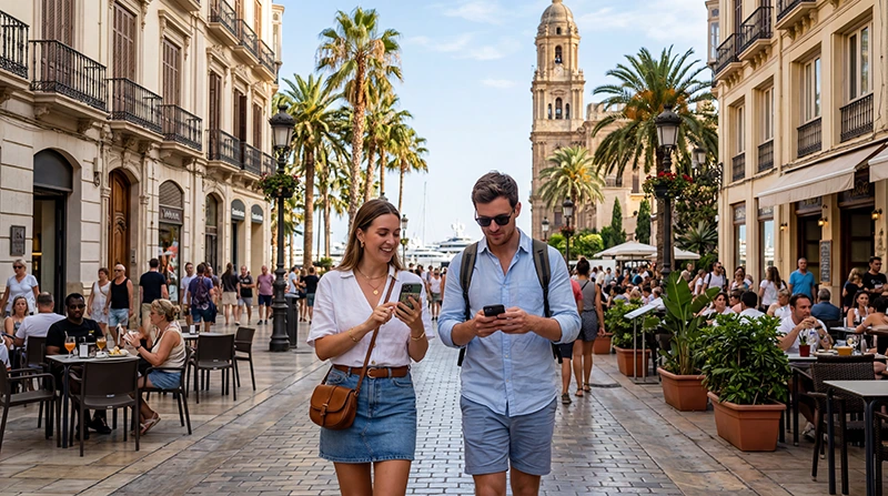 Tourists using mobile internet and eSIM in Malaga