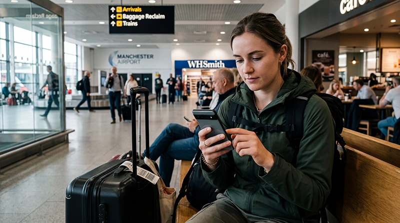 Traveler using mobile internet at Manchester Airport on a smartphone after arriving in the UK.