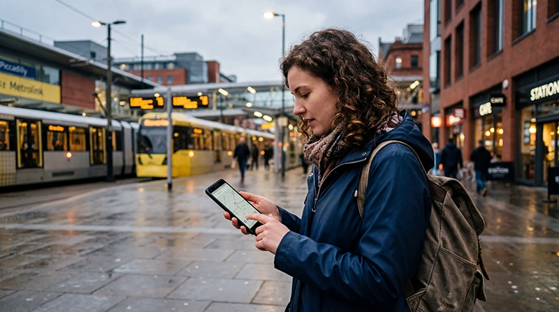 Tourist using mobile internet in Manchester on a smartphone while exploring the city.