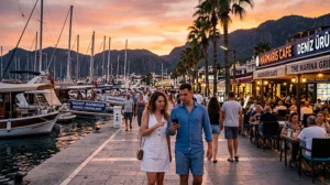 Tourists using mobile internet while exploring Marmaris in Turkey.