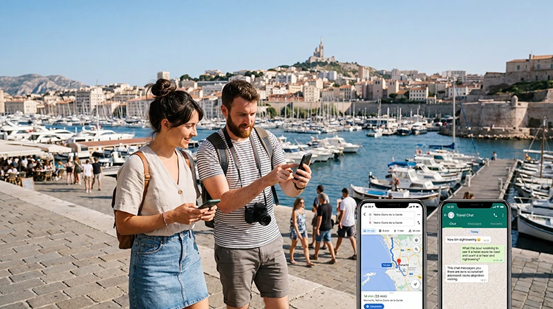 Tourists using mobile internet and France eSIM while exploring Marseille