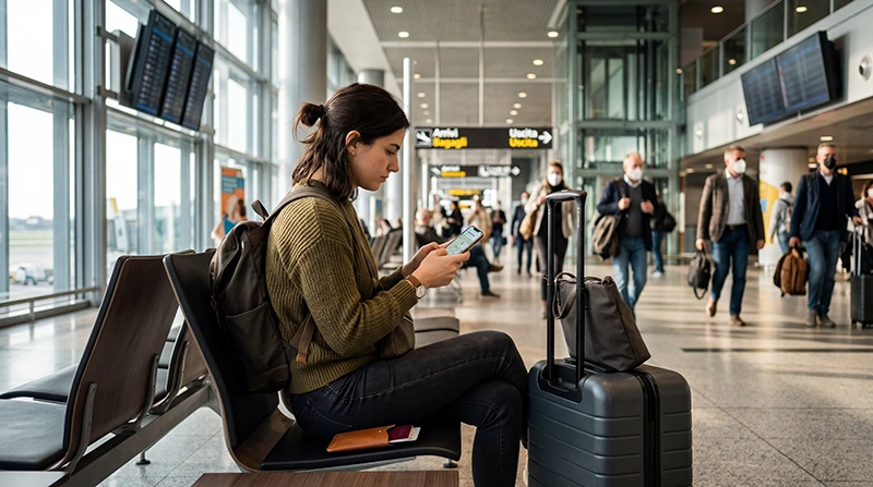 Traveler using mobile internet at Milan Airport after arriving in Italy