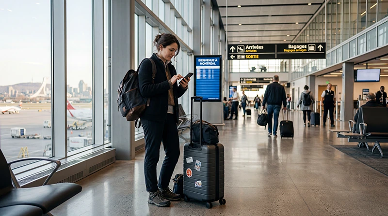 Traveler using mobile internet at Montreal Trudeau Airport with smartphone luggage and airport terminal in Canada