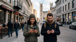 Tourists using mobile internet in Montreal with smartphone and city streets in Canada