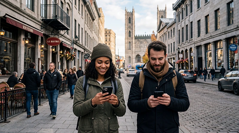 Tourists using mobile internet in Montreal with smartphone and city streets in Canada