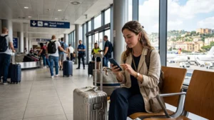Traveler using mobile internet at Naples Airport after arriving in Italy