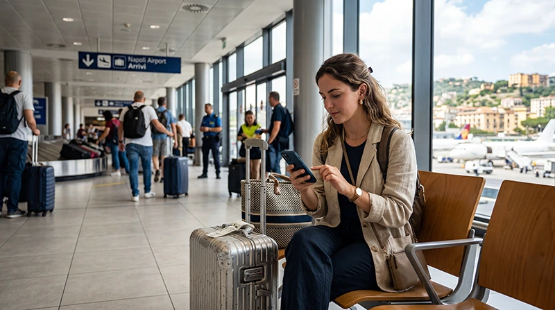 Traveler using mobile internet at Naples Airport after arriving in Italy