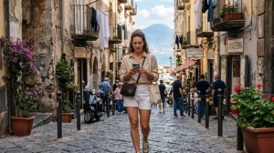 Tourist using mobile internet while exploring Naples in Italy