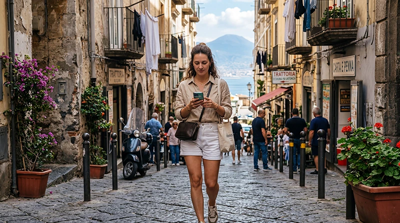 Tourist using mobile internet while exploring Naples in Italy