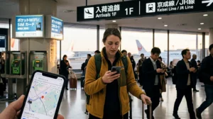 Traveler using internet and navigation apps after arriving at Narita Airport in Japan.