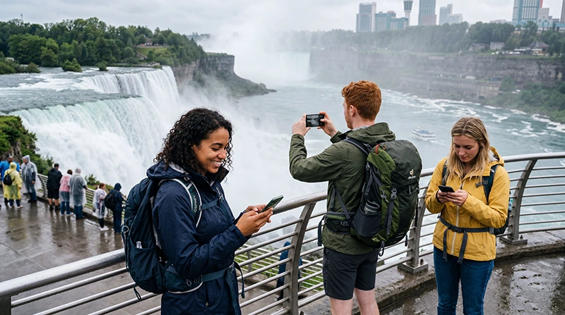 Tourists using mobile internet at Niagara Falls with smartphone and waterfall views in Canada