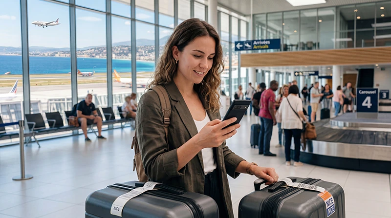 Traveler using France eSIM and mobile internet after arriving at Nice Côte d’Azur Airport