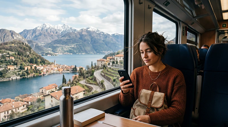 Traveler using mobile internet while traveling through Northern Italy