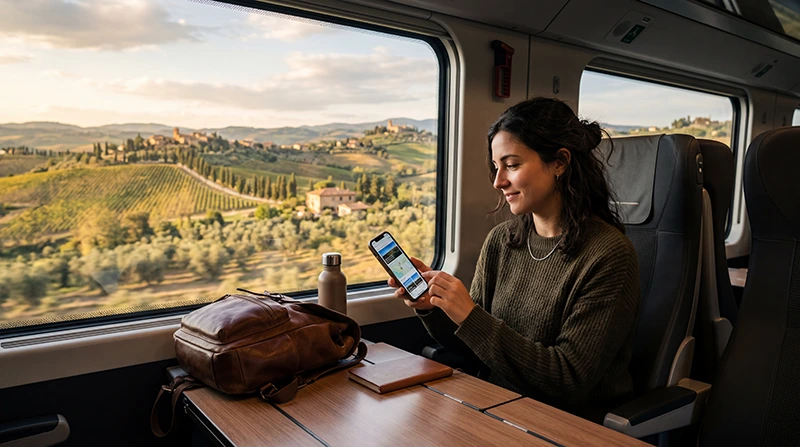 Traveler using mobile internet on a train in Italy