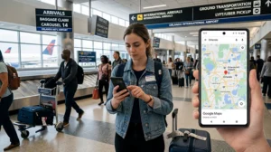 Traveler using mobile internet and airport WiFi at Orlando International Airport.