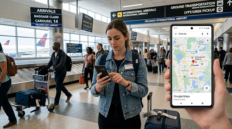 Traveler using mobile internet and airport WiFi at Orlando International Airport.