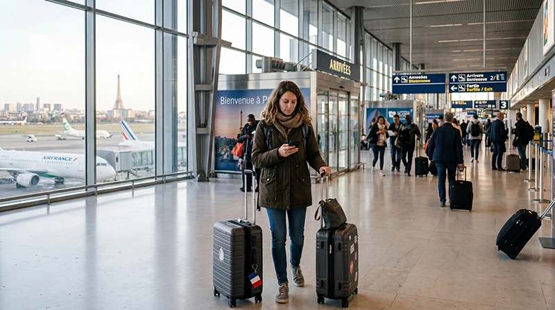 Traveler using France eSIM and mobile internet after arriving at Paris Orly Airport
